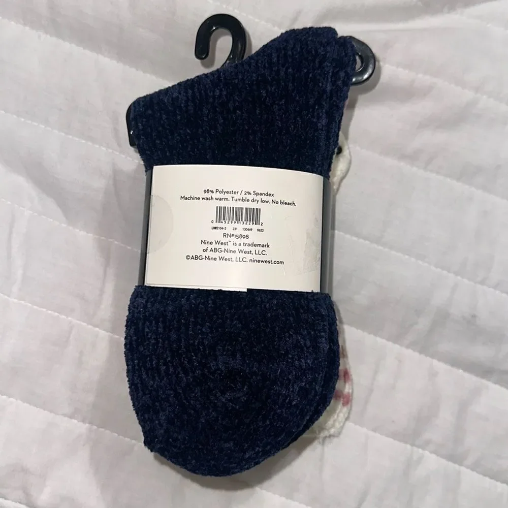 Nine West Ladies 3 Pk Chenille Boot Socks Navy Ivory Pink Green Brown Stripe